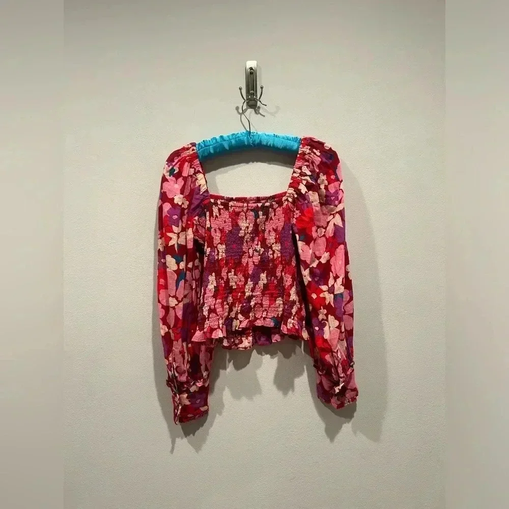 FREE PEOPLE Floral ARIANA SmockBodice PuffSleeve Top /Size XS /